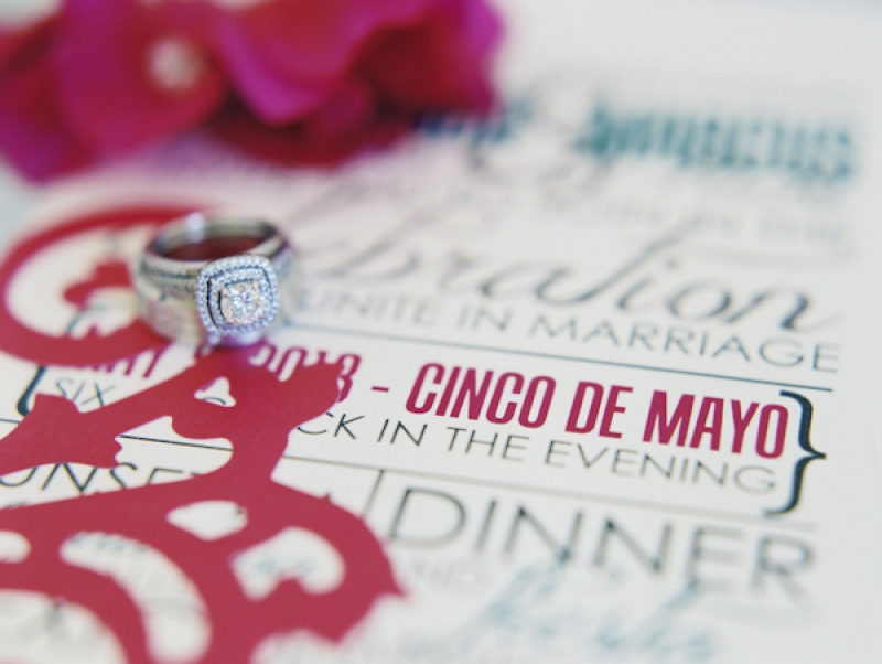 square cut diamond ring and bright wedding invitation, photo by Jillian Mitchell