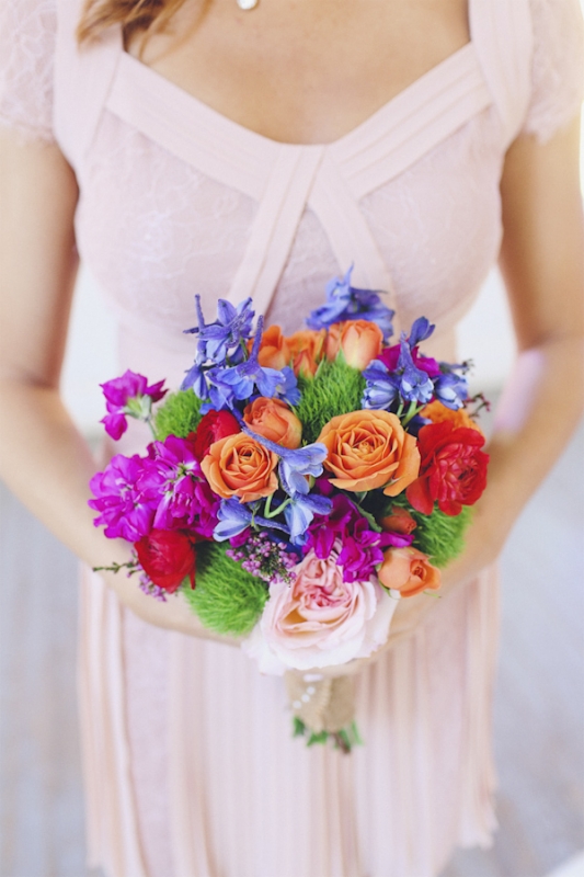 light pink bridesmaid dress and colorful bouquet, photo by Christina Carroll Photography