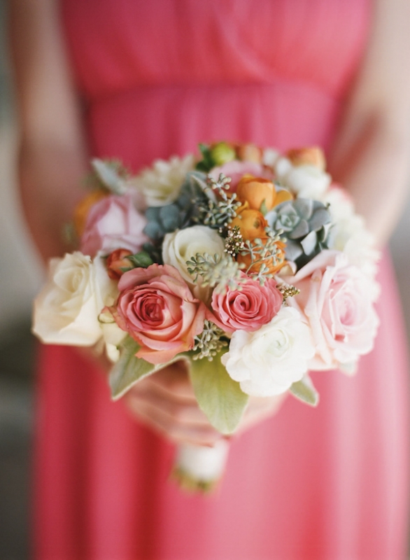 pink, white and orange bridal bouquet, photo by Raya Carlisle Photography