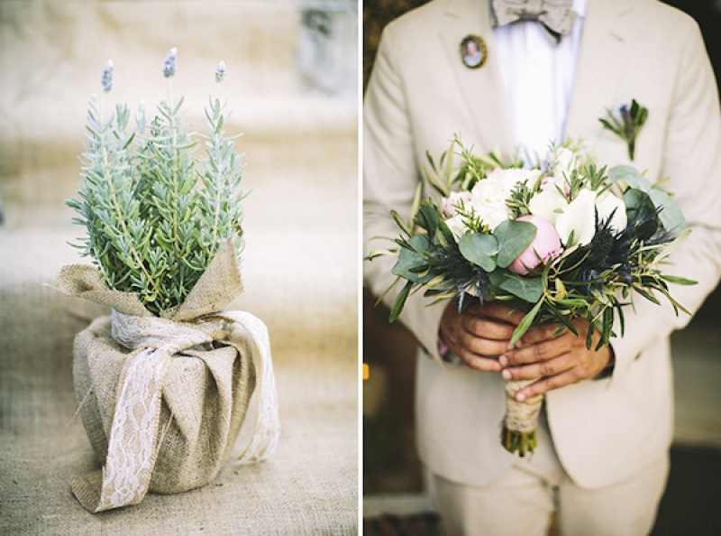 lavender plant wrapped in burlap and bridal bouquet, photo by Adam Alex