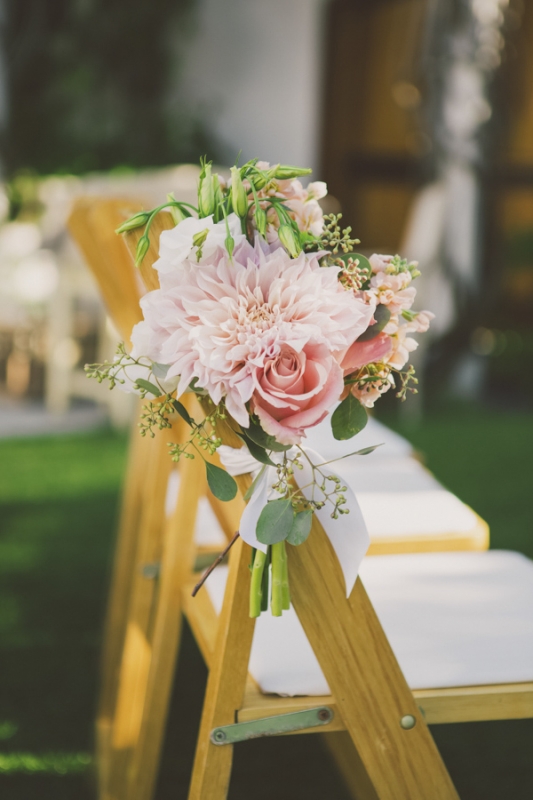 pink dahlia and rose floral arrangement for ceremony seating, photo by Closer to Love Photography
