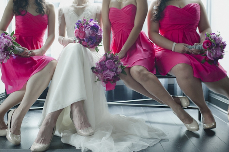 pink bridesmaid dresses with purple and pink bouquets, photo by Aron Goss Photography