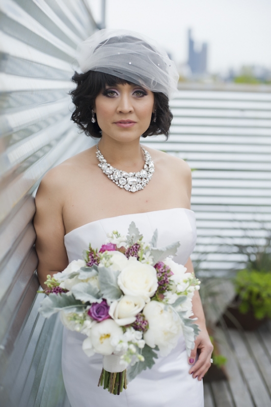 crystal necklace and bouquet of white roses and lambsear, photo by Nikki Closser