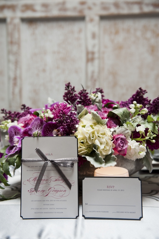 invitation suite and purple and pink floral centerpiece, photo by Nikki Closser
