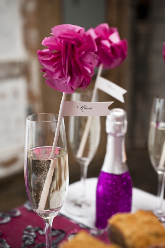 champagne flutes with pink stirrers, photo by Nikki Closser