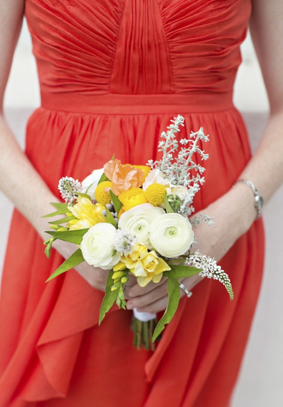 orange bridesmaid dress and yellow and white bouquet, photo by Paperlily Photography