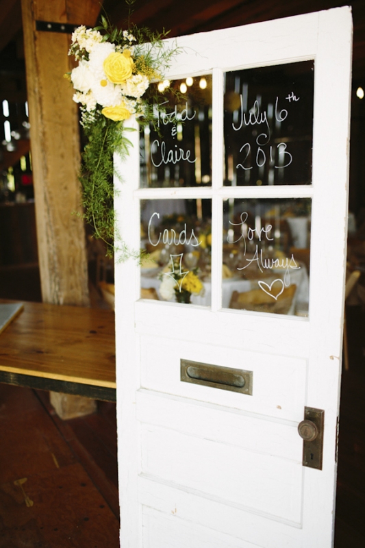 yellow and white wedding announcement on door, photo by Dan Stewart Photography