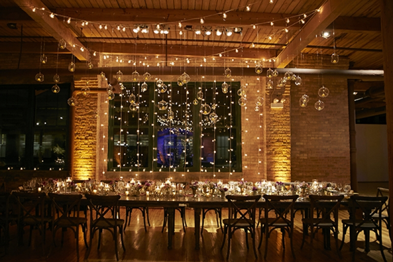 modern Chicago loft wedding hanging lights