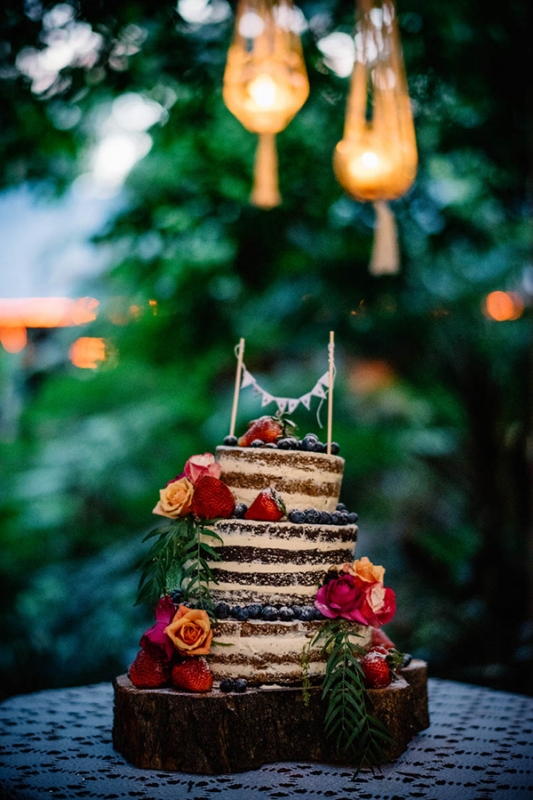 colorful eclectic backyard wedding Gabe McClintock chocolate naked cake berries