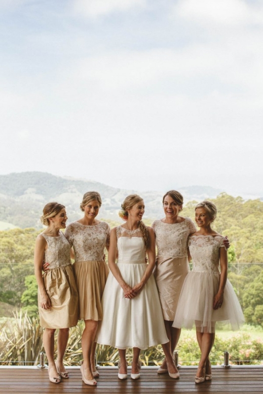 Champagne ivory lace tulle short bridesmaids dresses