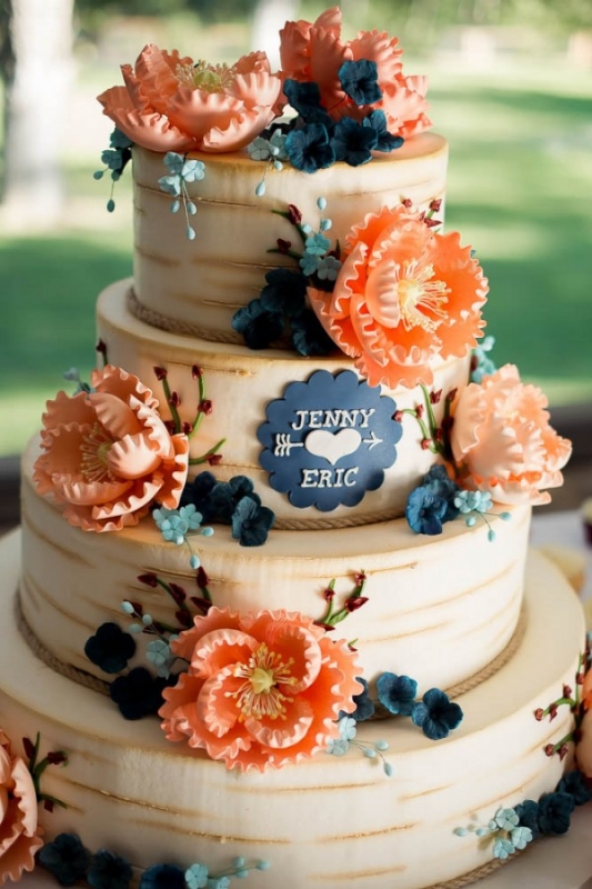 rustic wood bark printed cake coral and blue flowers