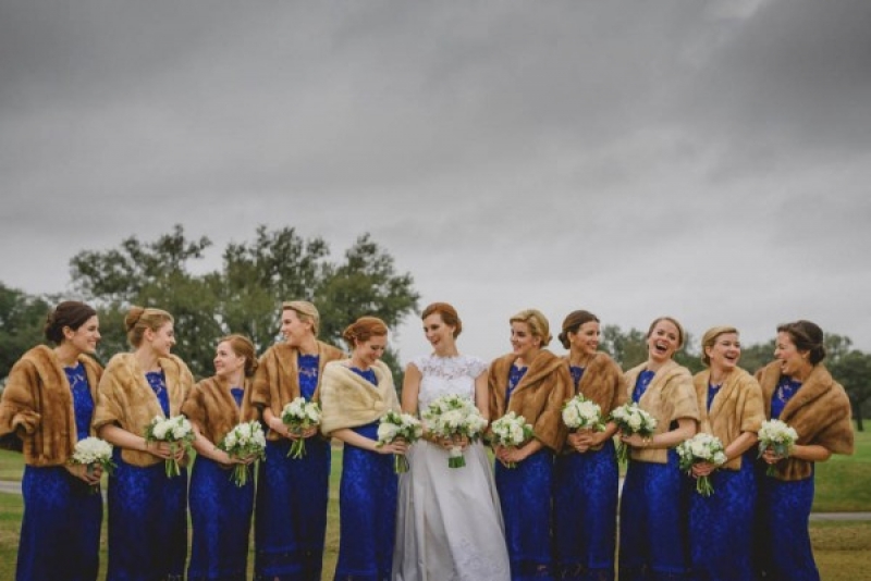 Bright Royal Blue Lace Bridesmaids Dresses Fur Stolls Winter Bridesmaids
