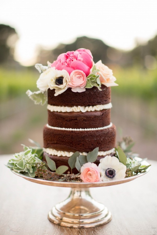 small chocolate naked cake silver stand pink flowers