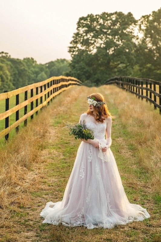 redhead bride in lavender gown on a farm