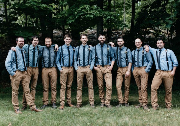 casual groomsmen style in chambray shirts, khakis, and suspenders