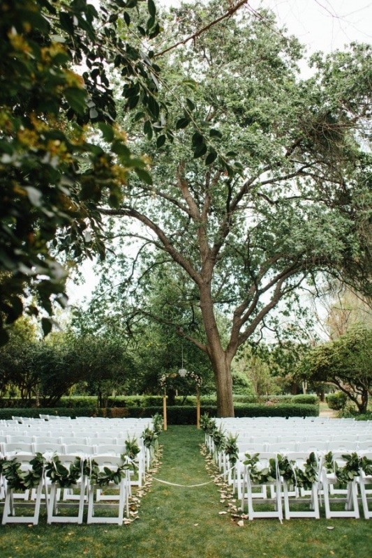 Lush Outdoor Ceremony with White Chairs and a Large Tree