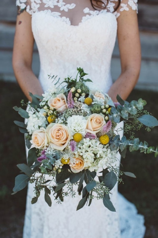 peach, white, and gold wedding bouquet