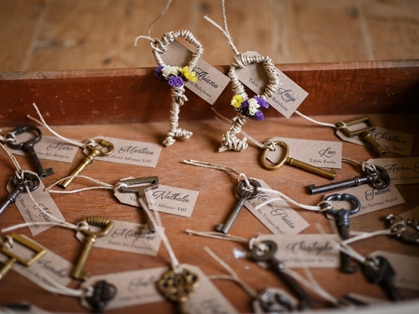 escort cards tied to vintage keys