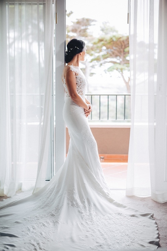bridal portrait in wedding gown with gorgeous train