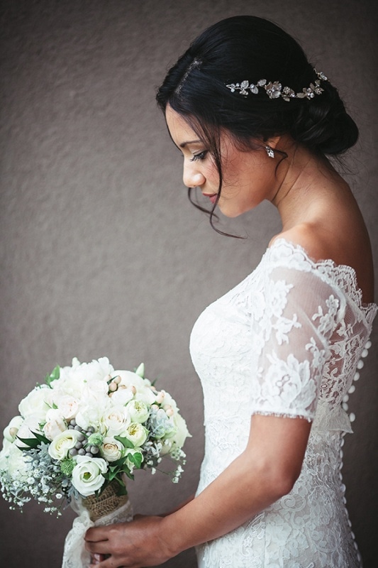 off-the-shoulder lace wedding gown