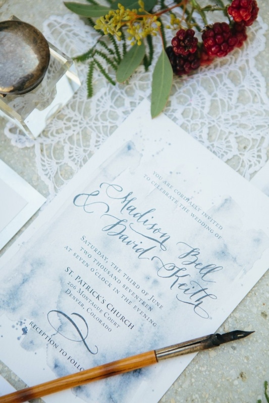 dusty blue calligraphy wedding invitaton