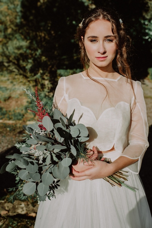 Modern Structured Bridal Gown and Eucalyptus Bridal Bouquet