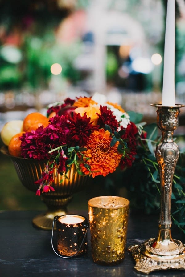 Burnt Orange and Magenta Floral Wedding Reception Centerpiece