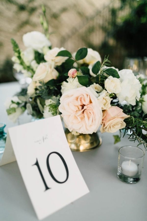 Modern Table Number with Light Pink and Ivory Floral Arrangement