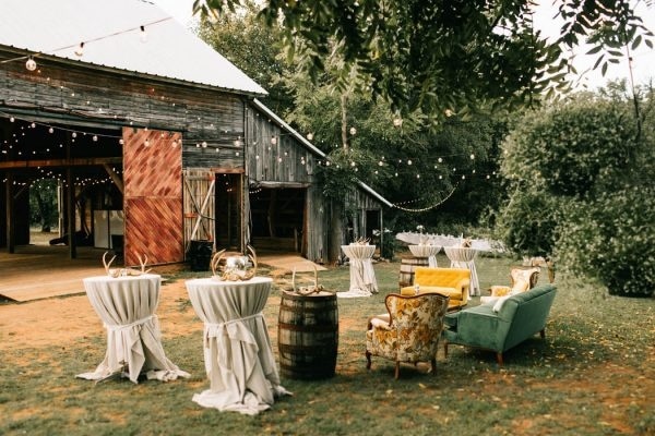 Vintage Lounge Seating Outside Barn Reception