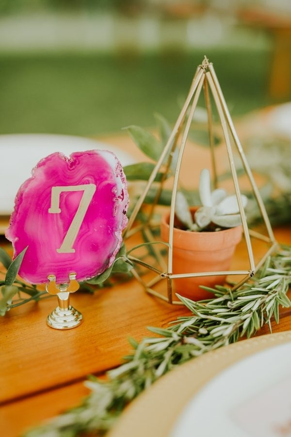DIY Reception Geode Table Numbers and Geometric Succulent Container