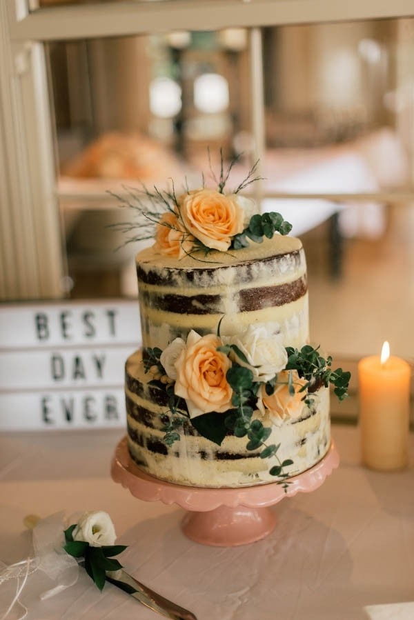 Bohemian Nearly Naked Cake with Peach Floral Decorations