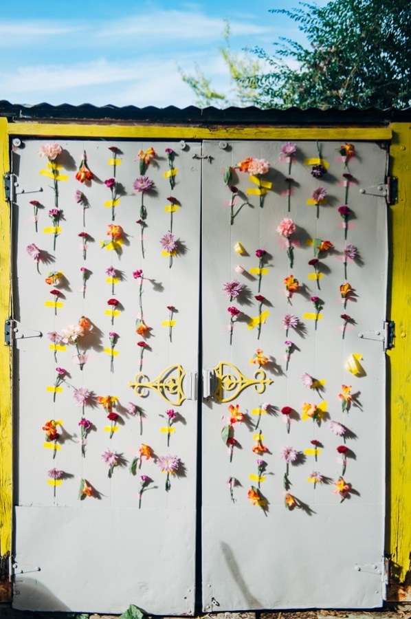 Eclectic DIY Taped Wedding Florals on Doors