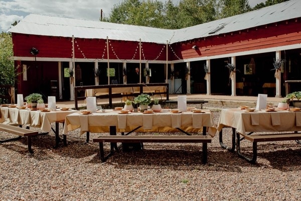Outdoor Barn Reception with Picnic Tables
