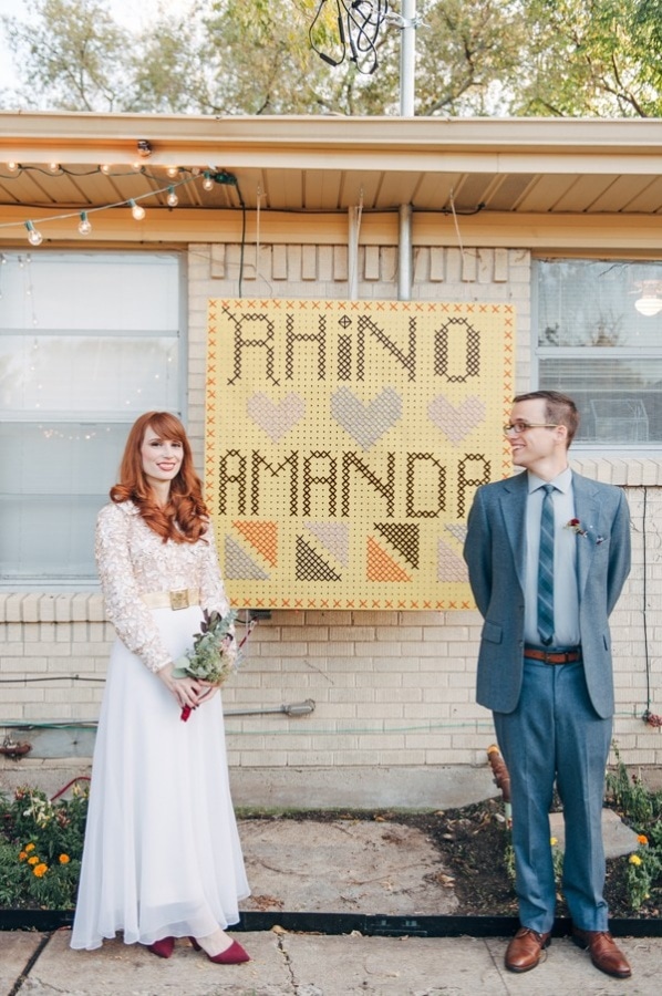 DIY Quirky Backyard Wedding Cross Stitch Pegboard Sign with Names