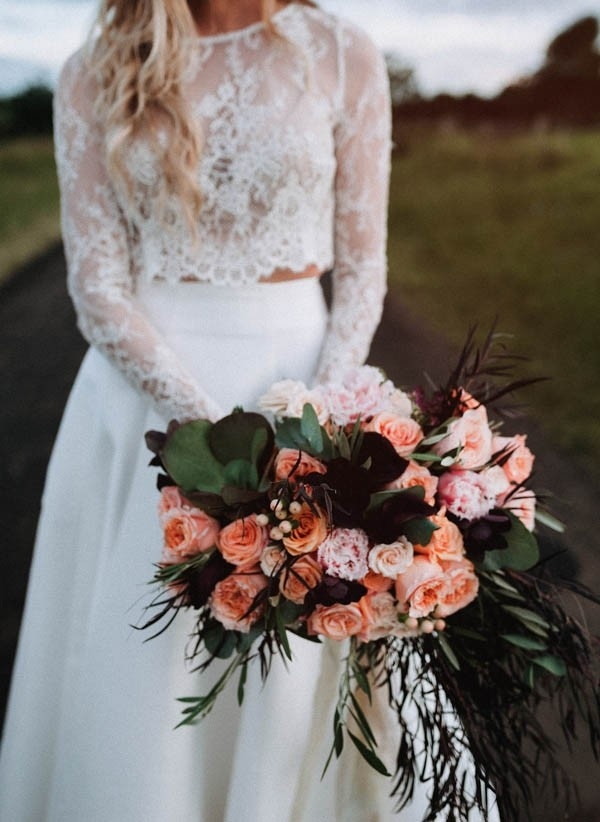 Lush Bohemian Bridal Style and Peach and Coral Bridal Bouquet
