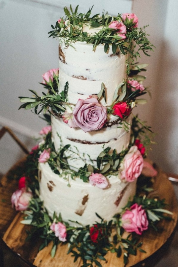 Gorgeous Elegant Pink and Lavender Rose Nearly Naked Wedding Cake