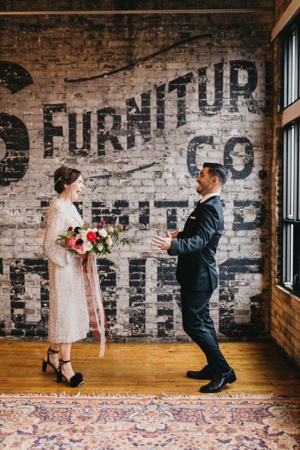 Toronto Loft First Look with Vintage Wedding Dress and Black Feather Heels