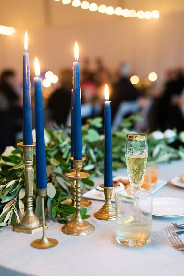 Elegant Navy Blue Candlesticks with Gold Candle Holders Reception Decor