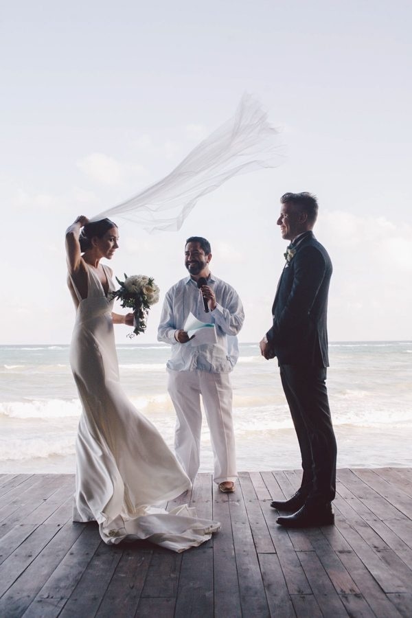 Elegant Tulum Windy Waterfront Wedding Ceremony Moment