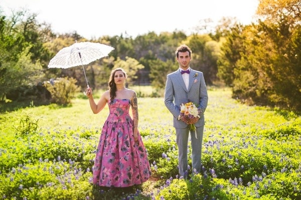 Alternative Eclectic Hill Country Bride and Groom Portrait