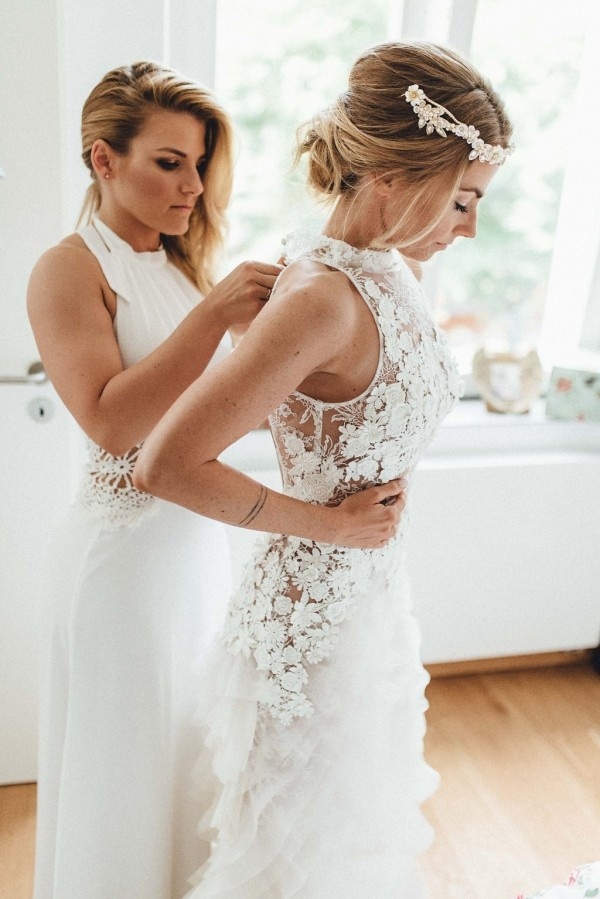 Elegant Boho Bridal Getting Ready Shot with Stunning Floral Gown
