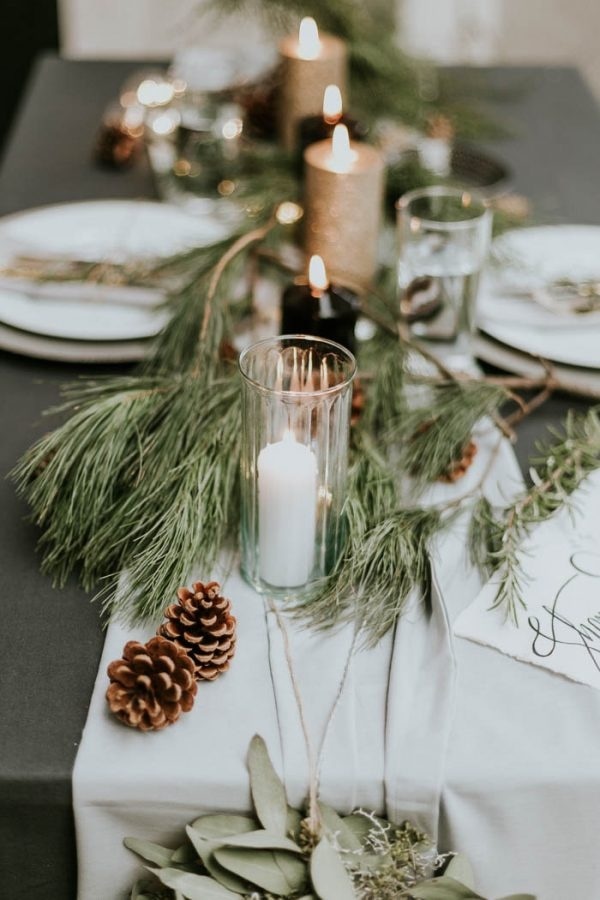 Winter Table Runner Inspiration with Pine Cones, Pine Needles, and Candles