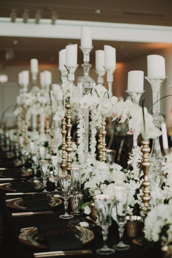 Modern Glam Gatsby-Inspired Candlestick and Floral Tablescape Display