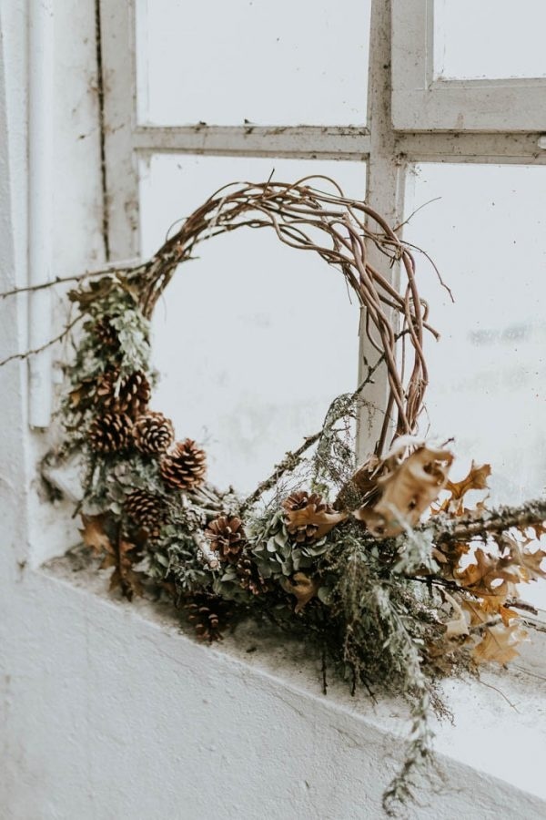 Green and Brown Floral Hoop with Pinecones