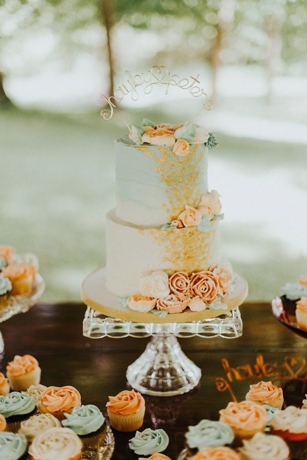 Coral and Mint Wedding Cake and Cupcakes