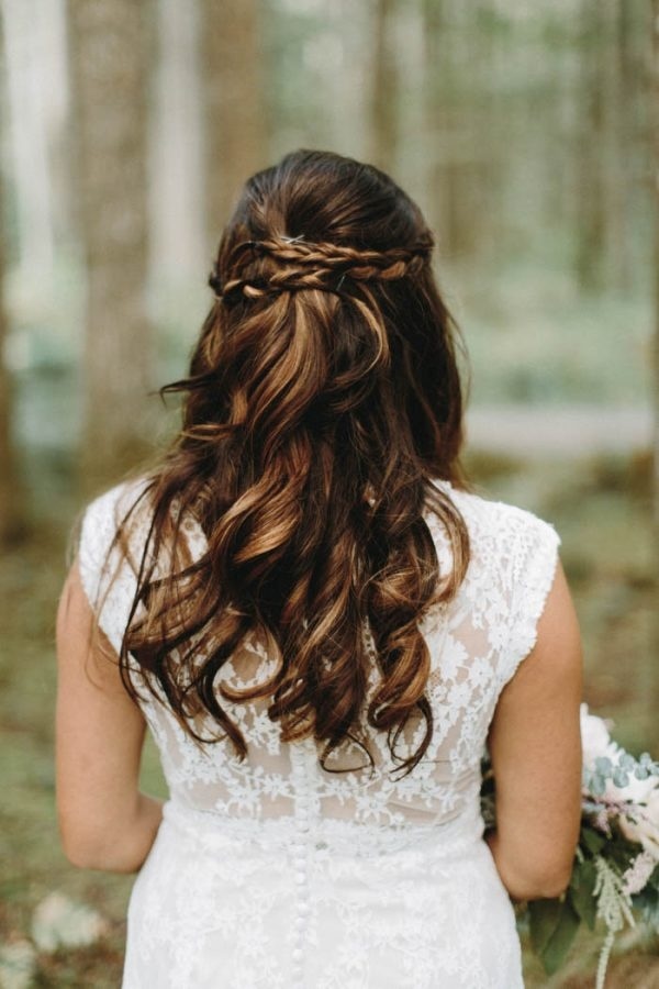 Half-Up Bridal Hairstyle with Loose Curls and Braided Crown
