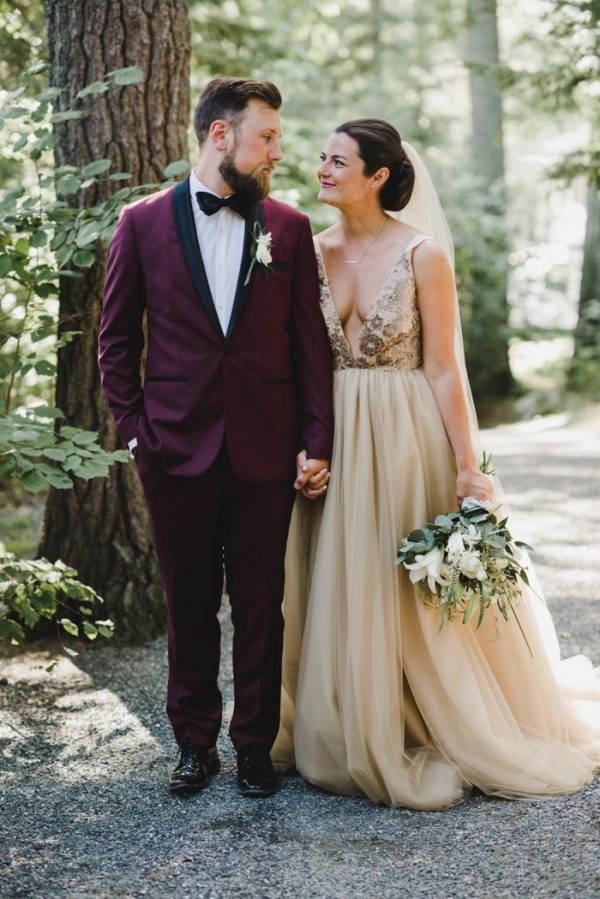 Maroon Groom Suit + Champagne Bridal Gown