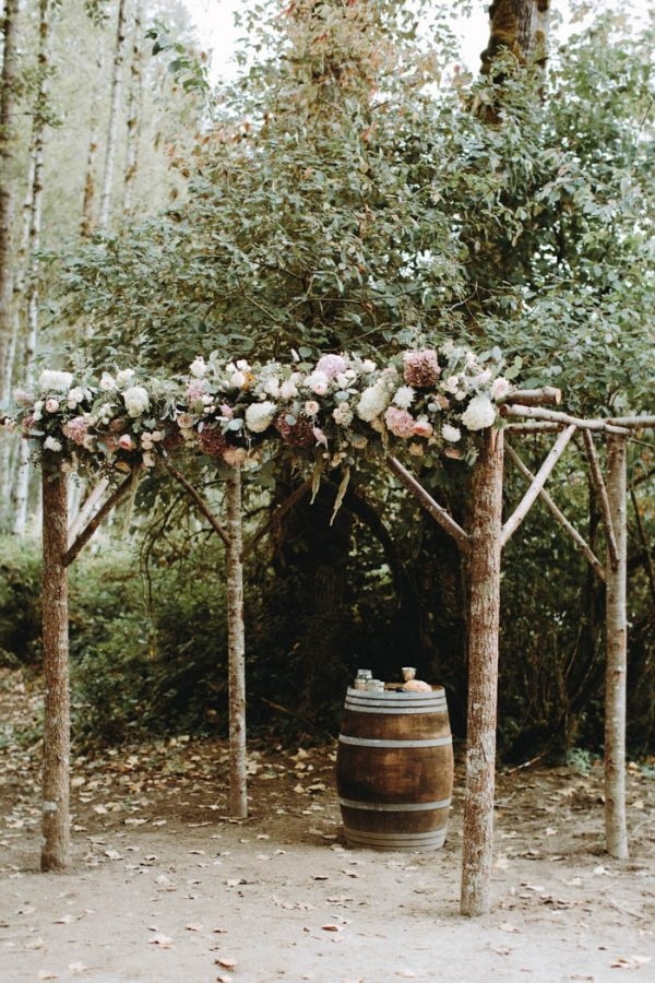 DIY Rustic Ceremony Arch with Pink and White Roses