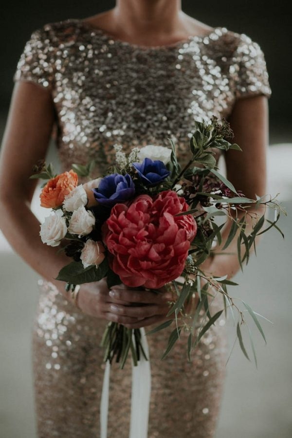 Industrial Rustic Glam Bridesmaid Sequined Style and Bouquet