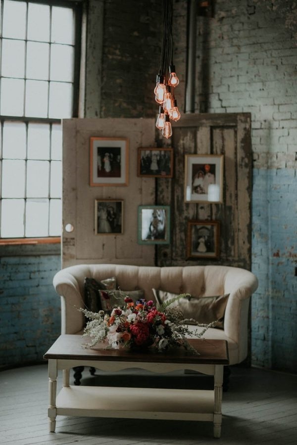 Rustic Industrial Glam Reception Seating Area and Photo Display